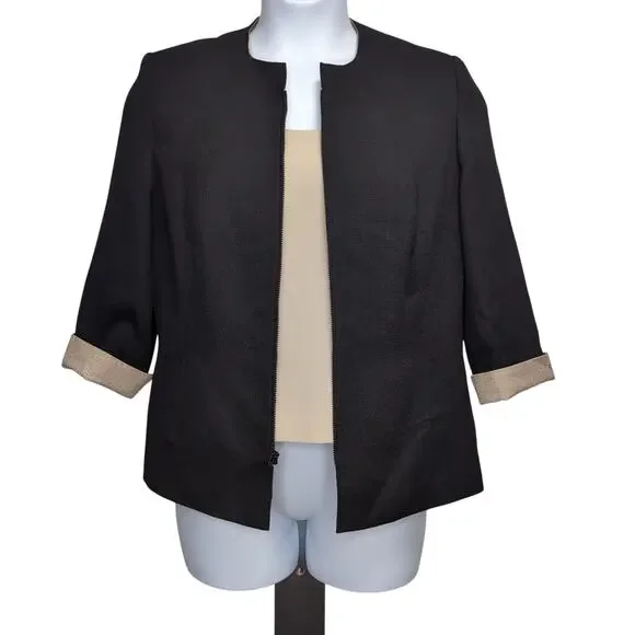 VTG Kasper Suit Jacket / Top Blouse Set Women's 14P 14 Petite Black Tan Career - Picture 2 of 16